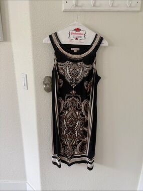 Dress Barn Black Sleeveless Midi Dress with Taupe & Cream Pattern